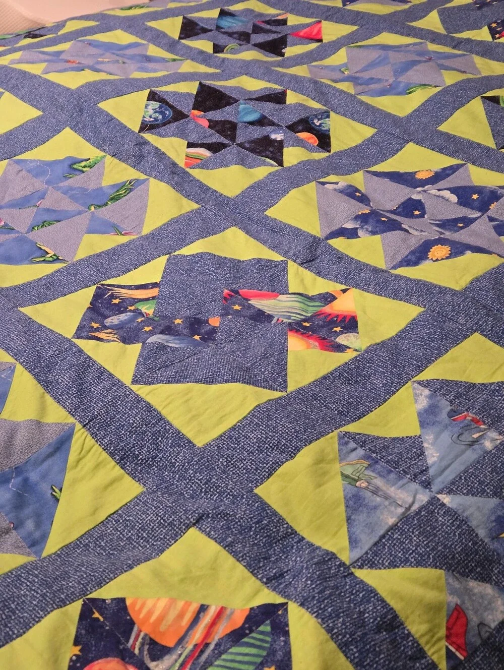 Patchwork COTTON QUILT  FULL/QUEEN SZ BLUE GRN Stars Planets 4 Cards Motif Cabin